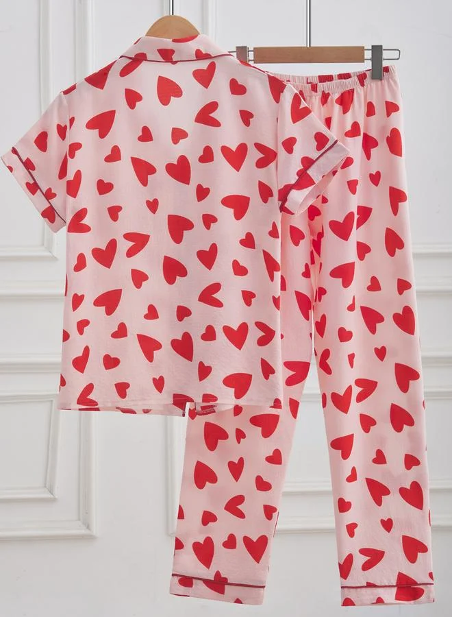 تايك تو طقم قميص وبنطال بيجاما بطبعة قلوب للنساء